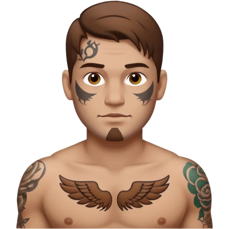 tattoo man, white skintone,brown hair, tattoos on face, more visible, bulky man with tattos on his chest. emoji