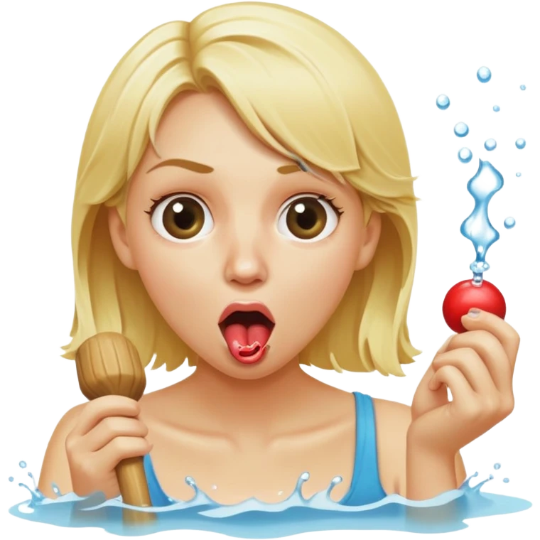 blond woman eating a wide stick the same color as her skin, with a round knob on the edge, water stream squirting directly from the knob into her open mouth, surprised expression emoji