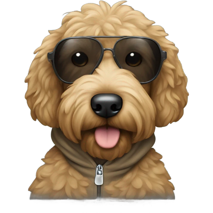 Black goldendoodle wearing a hoodie n sunglasses  emoji