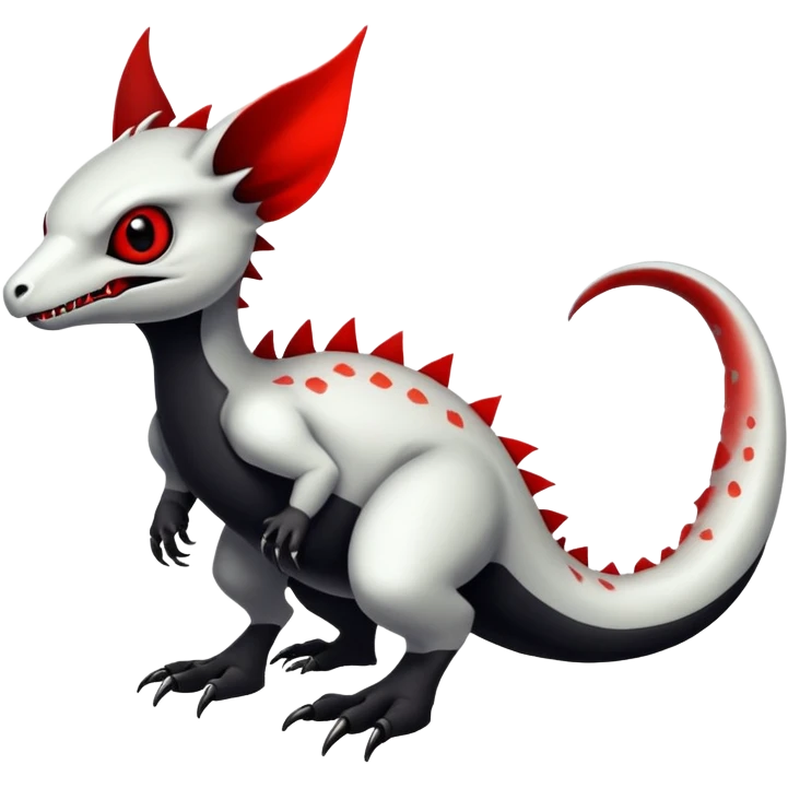 a white exotic edgy vernid-fionbr-Fakémon-creature, with black belly and red eyes, full body emoji