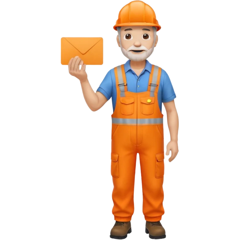 older engineer hi-vis orange overalls standing full body holding a card emoji