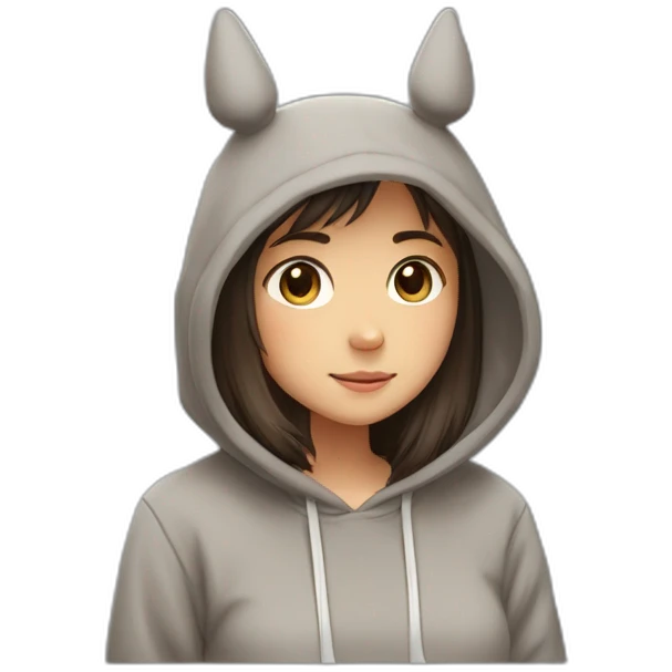 Fille Brune avec un sweat-capuche Totoro avec les couleurs de Totoro emoji