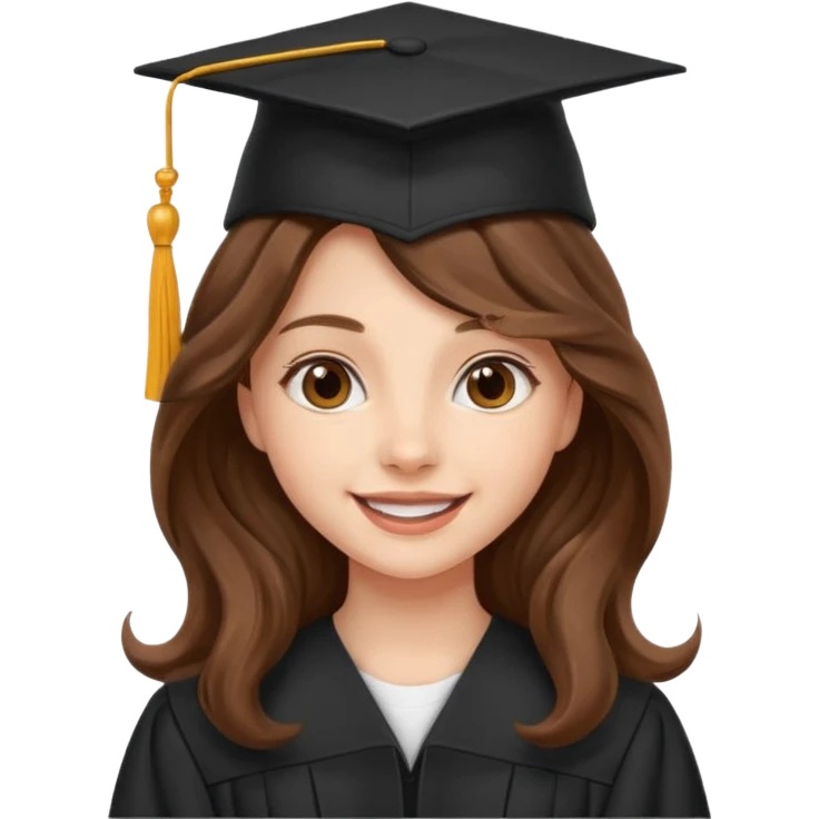Graduated Students, Cheerful girl, long brown wavy hair, wearing graduation cap emoji