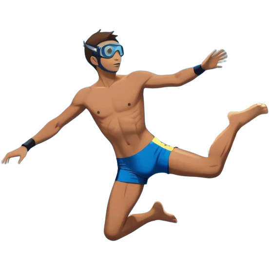 A diver mid-air, diving from a rocky cliff into the sparkling blue ocean below. The background shows a dramatic cliffside and clear sky, capturing the daring and exhilarating nature of cliff diving, with the water below ready to embrace the plunge. emoji