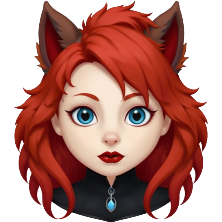  long curly blood red hair (darker), red pointed squirrel ears with black trim, black goth outfits, body and face human, blue eyes, more pointy chin, black lipstick, one big fluffy red squirrel tail with black tips, close her mouth, less evil looking emoji