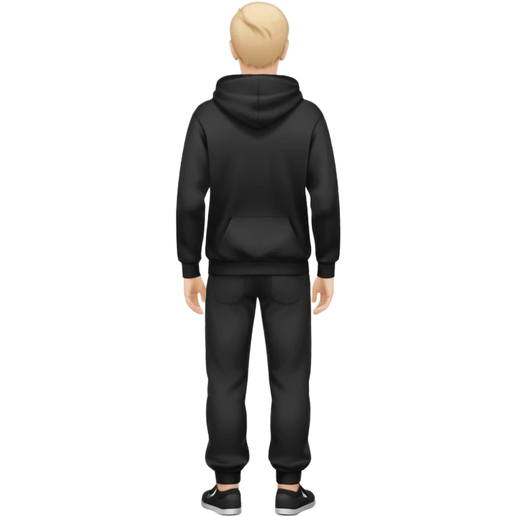 fullbody caucasian man in black hoodie on head, hands in pockets and black pants rear backview emoji