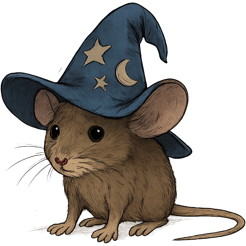 timid house mouse with muted brown fur, large outward tilted ears, beady eyes looking uncertain, wearing huge deep blue wizard hat with stitched stars and crescent moon, floppy uneven brim drooping at top, front paws flat, tail straight out behind making it look awkward in outfit emoji