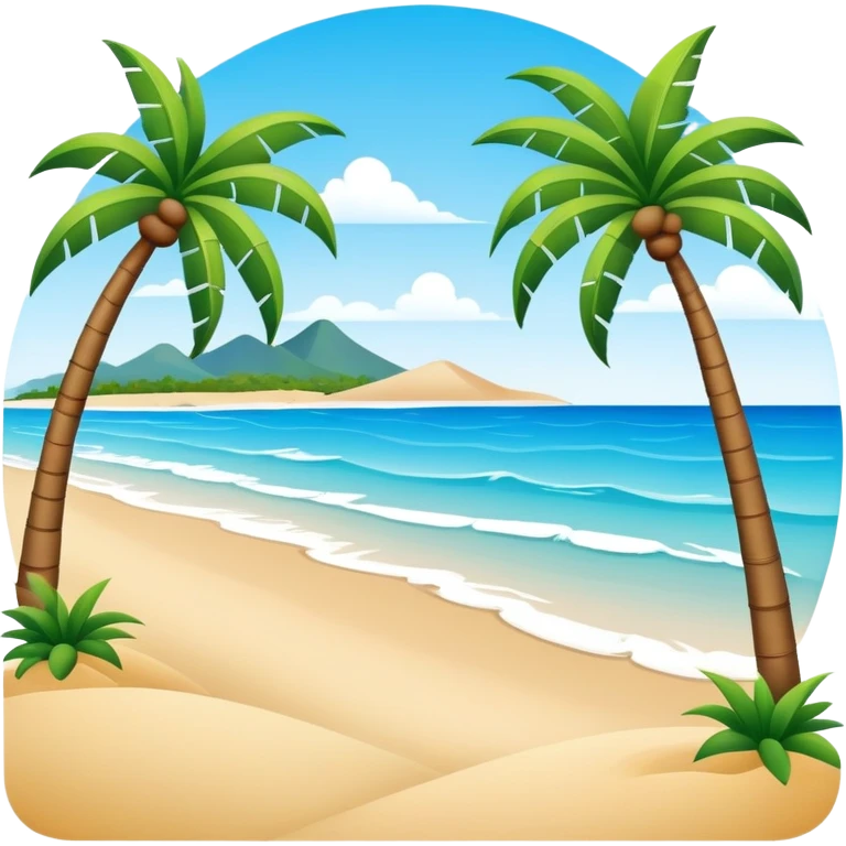 Sanya tropical beach Hainan Island with palm trees, simplified emoji style with bold outlines and bright colors, cartoon style beach with blue water emoji