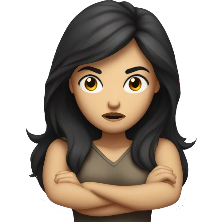 Angry scowling woman, long dark hair, with arms crossed over chest. emoji