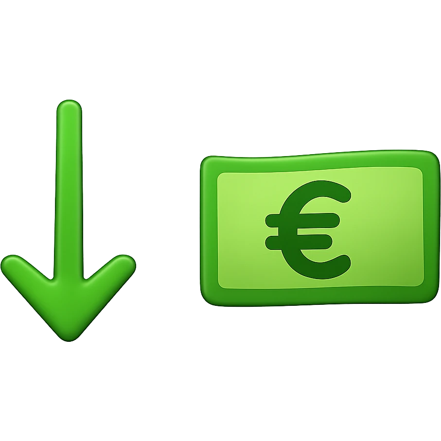 Create an image with two separate elements on a transparent background in classic Apple emoji style. On the left, a single green downward arrow with one arrowhead and clear space around it. On the right, a single banknote featuring a Euro sign, styled as a classic Apple emoji. Both elements should be clearly separated and maintain the look and feel of Apple-style emojis. emoji