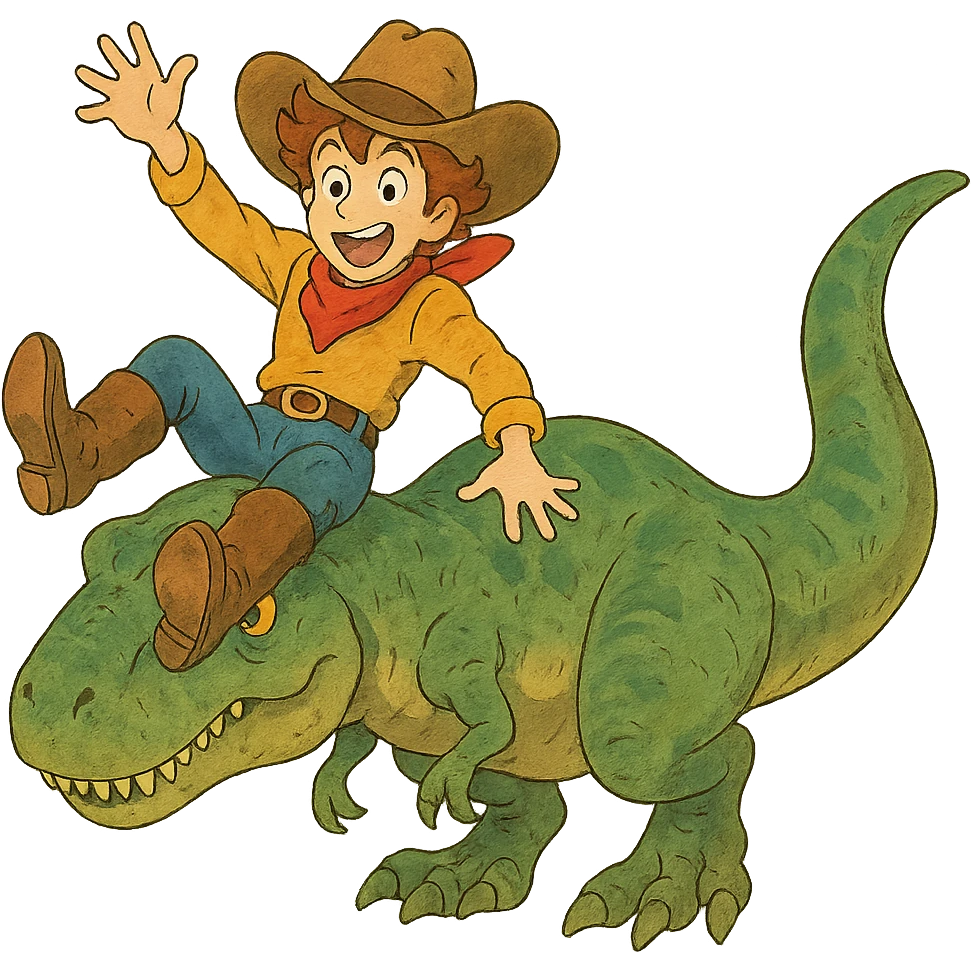 energetic and whimsical cowboy sliding down a t-rex emoji