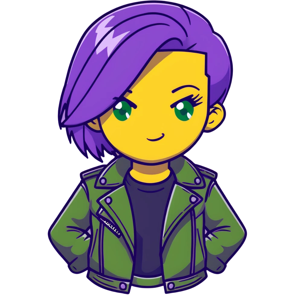 Mal from Descendants, purple hair, leather jacket, green eyes emoji