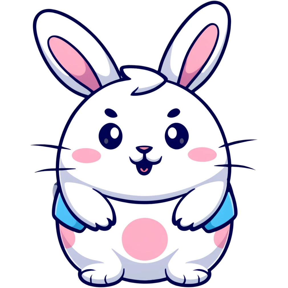 A fat bunny character in Sanrio style like Hello Kitty, large head with big round eyes, blushing cheeks, small mouth, minimal facial features, tiny spikes, pastel pink and blue colors, clean bold outlines, rounded shapes emoji