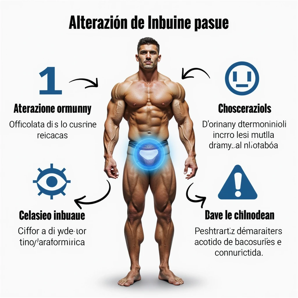 realistic infographic in Italian: bodybuilder with pelvic area highlighted by blue halo, arrows pointing to 'Alterazione ormonale' and 'Difficoltà di concentrazione', attention icons, white background emoji