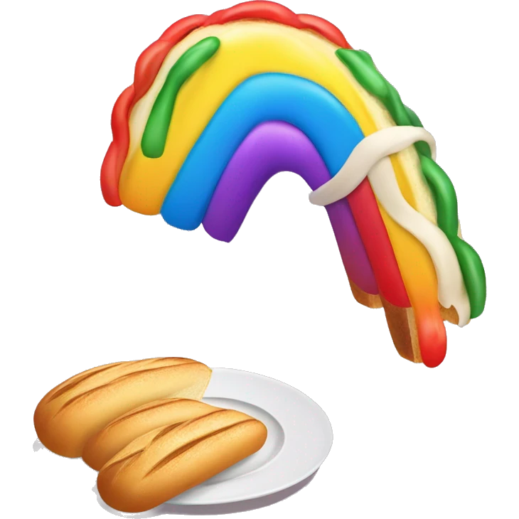 rainbow bagguette bread, and plate of fettuccine emoji