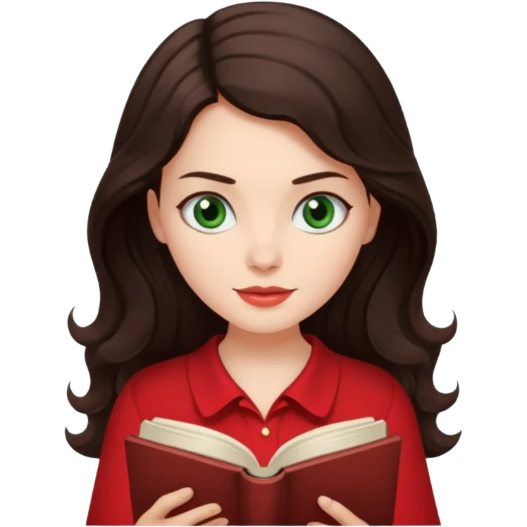 Long wavy dark brown haired, white skinned, dark green eyed girl in red blouse reading a book with a white background  emoji