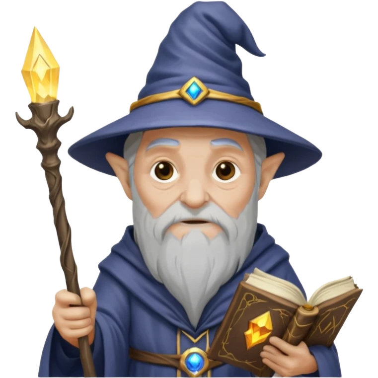 Old wizard with staff and glowing spellbook emoji