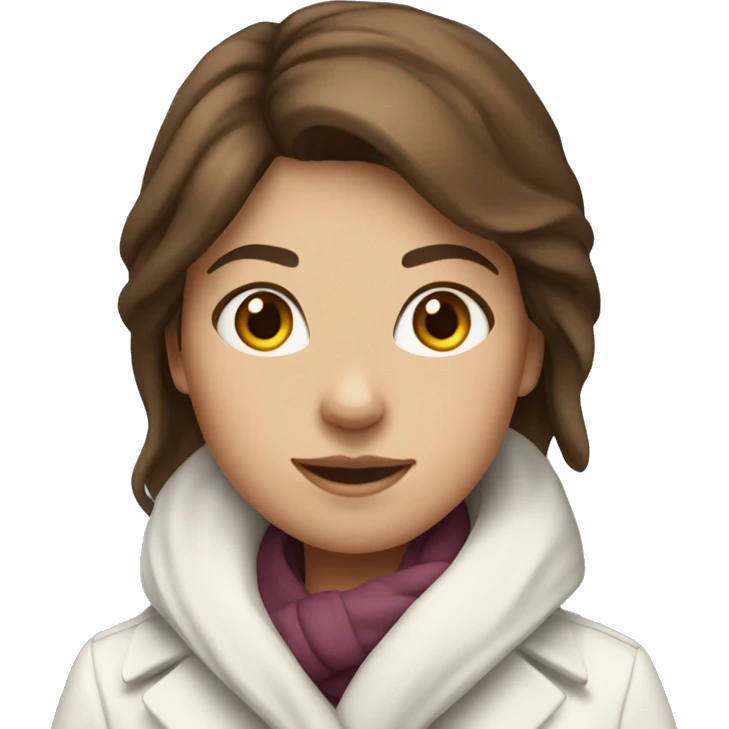 Girl with brown hair wearing a white coat and scarf  emoji