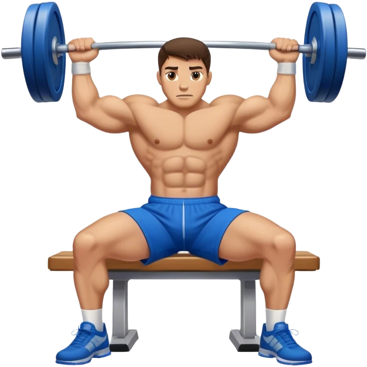 brunette buff man with blue shorts benchpress emoji