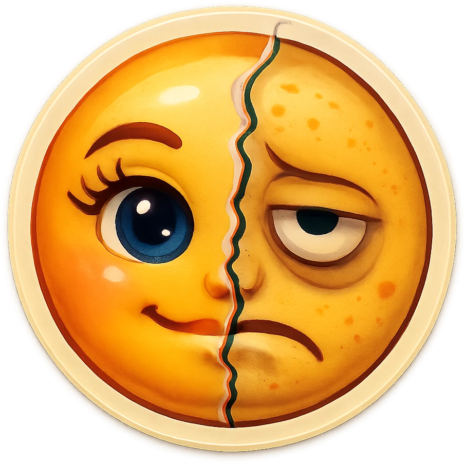 Edit the half-and-half face so both sides are stylized as emoji faces, not realistic. The left is a perfect, glowing, filter-enhanced influencer emoji look with exaggerated features. The right is a weary, unfiltered emoji face with dark circles, blemishes, and a frown. Keep the glitchy, cracked-mirror line separating the two sides. emoji
