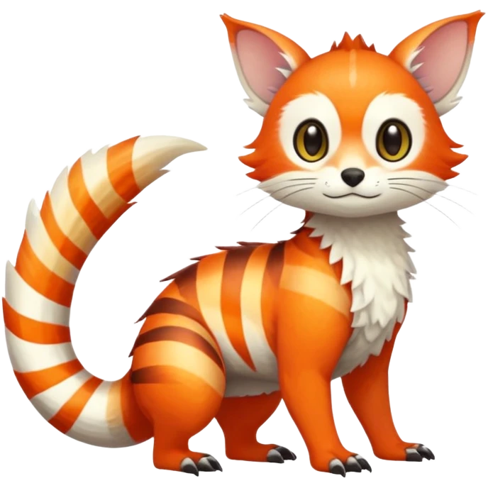 lush warm-colored Fakémon-Trico-creature (full body) with white cheek markings, white-striped tail emoji