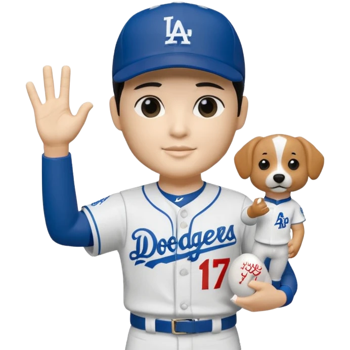 Shohei Ohtani bobblehead holding a dodger dog and #1 hand sign, realistic  emoji