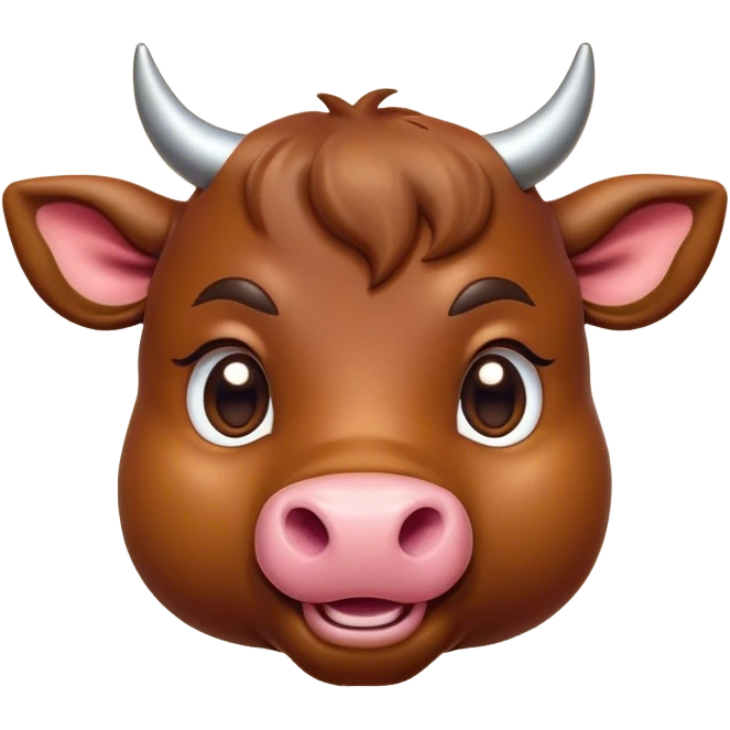 Cinematic Cute Brown Bull Portrait Emoji, Head tilted playfully and inquisitively, featuring a glossy, robust brown hide with a natural sheen, round, sparkling dark eyes filled with gentle curiosity, Simplified yet irresistibly adorable features, highly detailed, glowing with a warm, friendly glow, high shine, affectionate and imposing, stylized with a touch of rugged charm, bright and endearing, soft glowing outline, capturing the essence of a mischievous yet loving bull, so playful it feels like it could stomp out of the screen and into your arms! emoji
