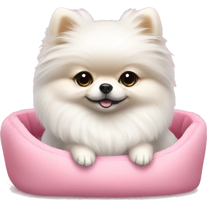 A small white pomeranian with a bow on her head, sitting in a pink furry bed emoji