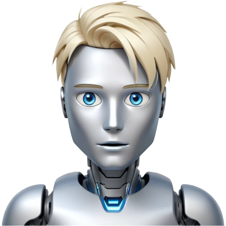 Male humanoid robot with messy straight blond hair, metallic face, digital eyes, sharp jawline, futuristic emoji