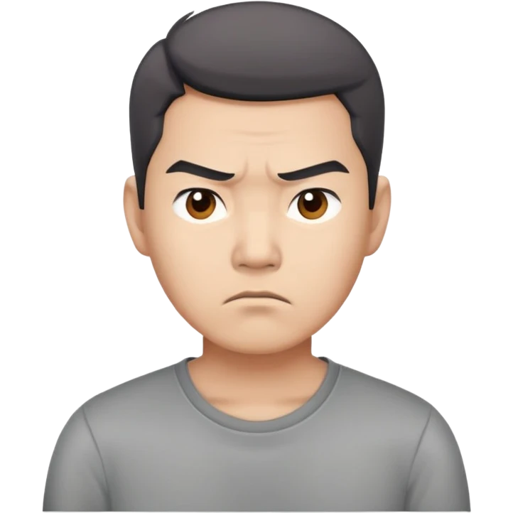Asian man in a gray shirt with a frown emoji