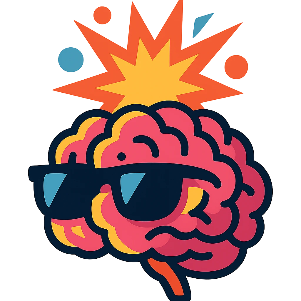 stylized brain with sunglasses, top half erupting in a vibrant, energetic explosion emoji