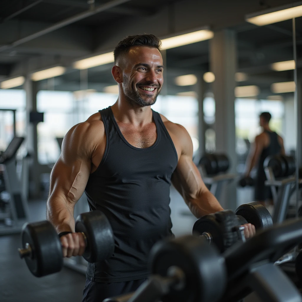 adult man in modern gym, wearing sportswear, using both isotonic machine and dumbbells during workout, concentrated and satisfied expression, atmosphere of balance and variety, realistic details, background with gym equipment and mirrors, 4K quality emoji