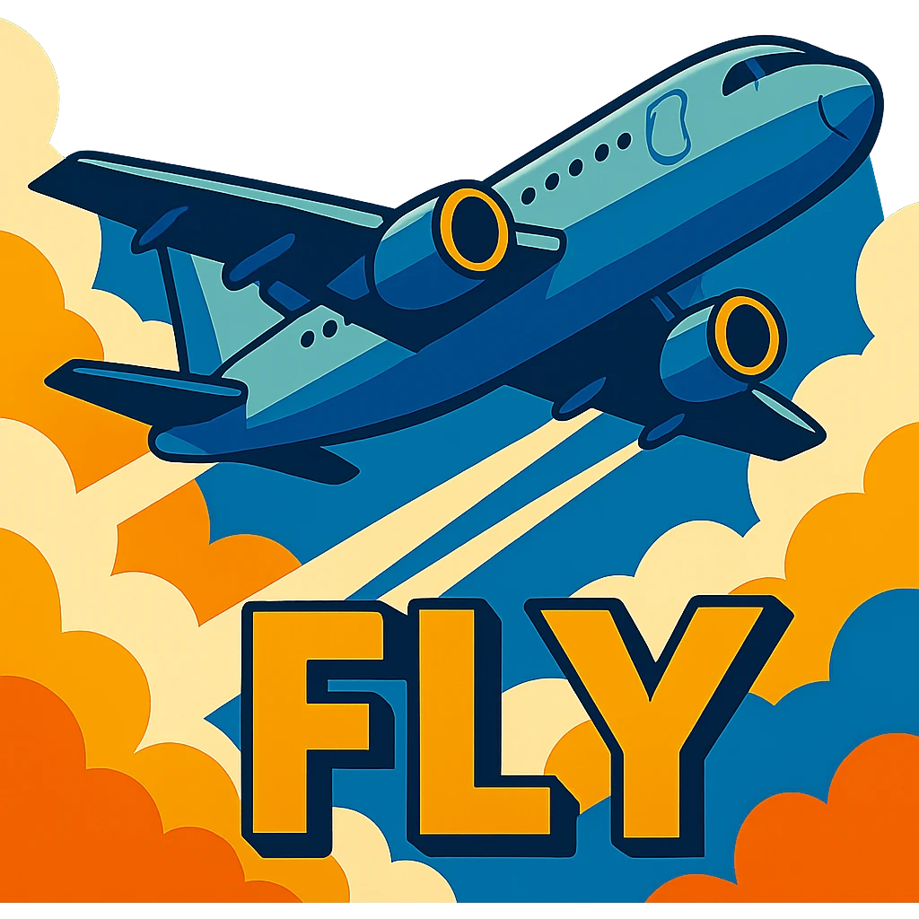 airplane flying high in the sky, emphasize scale and altitude, vibrant toon style, with the word FLY emoji