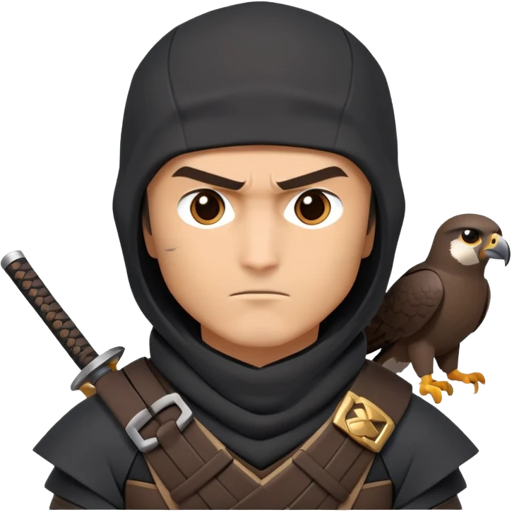clash-of-clans-aesthetic_-cinematic-mysterious-male-ninja-portrait-emoji, rendered in a flat, vector-style with minimal shading and bold, simplified shapes, with a head slightly turned revealing intense, focused eyes. the ninja has his arm out and perched on top of his forarm is  a peregrin falcon  emoji