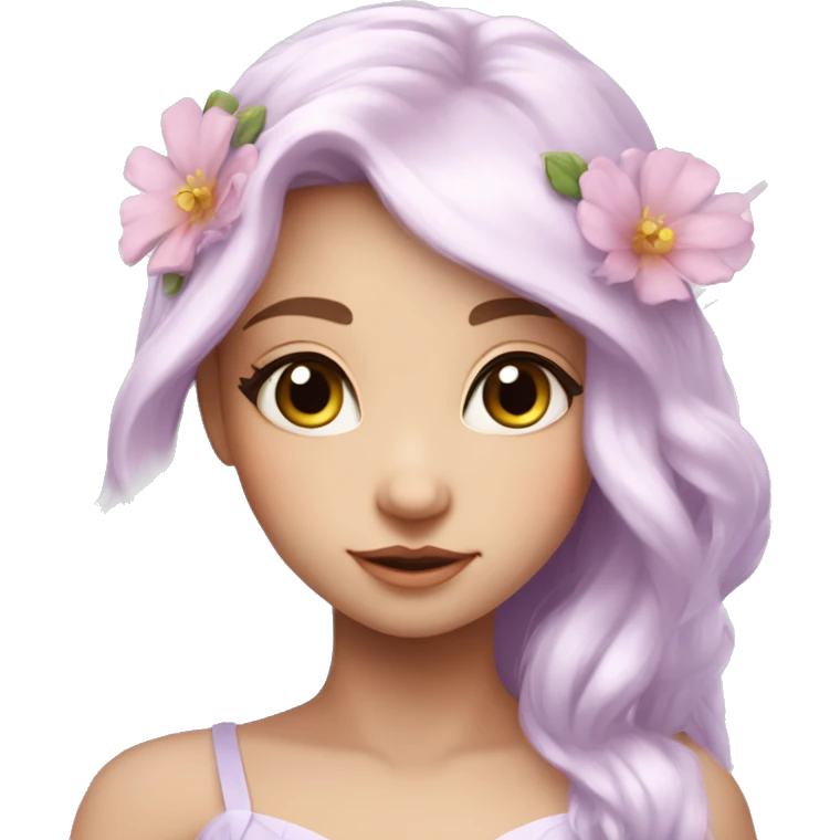 Beautiful, flower fairy, white long, light pink hair, big wings, fair skin, light violet eyes  emoji