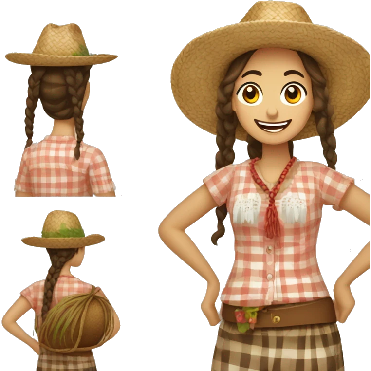 Festa Junina country woman with straw hat, braided hair, checkered clothes emoji