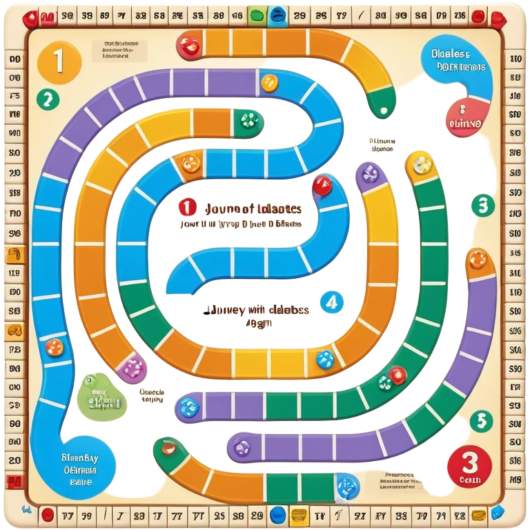Game board named Journey of Type 1 diabetes and Aging.  Subtext: Aging with Type 1 Diabetes, large enough to read for seniors  emoji