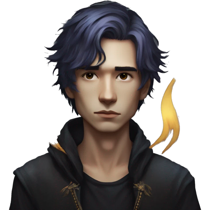Hamlet young skinny sad man iridescent hair wearing raven feathers with a gilded hourglass and golden flames yin yang  emoji