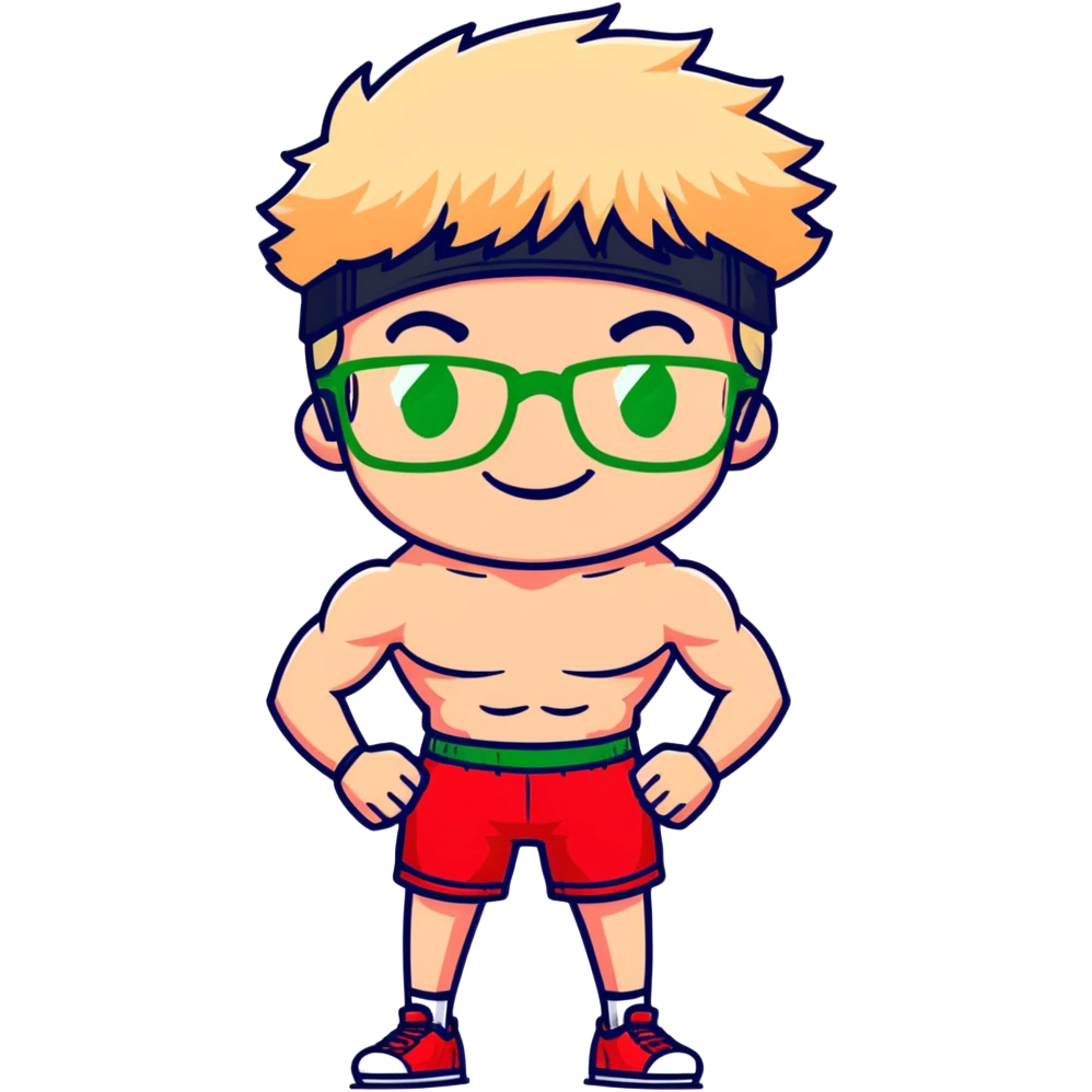 Skinny man with black and white cap, thin bare torso, red shorts, clear glasses, messy light blond mullet hairstyle, smiling and attempting to flex nonexistent muscles emoji