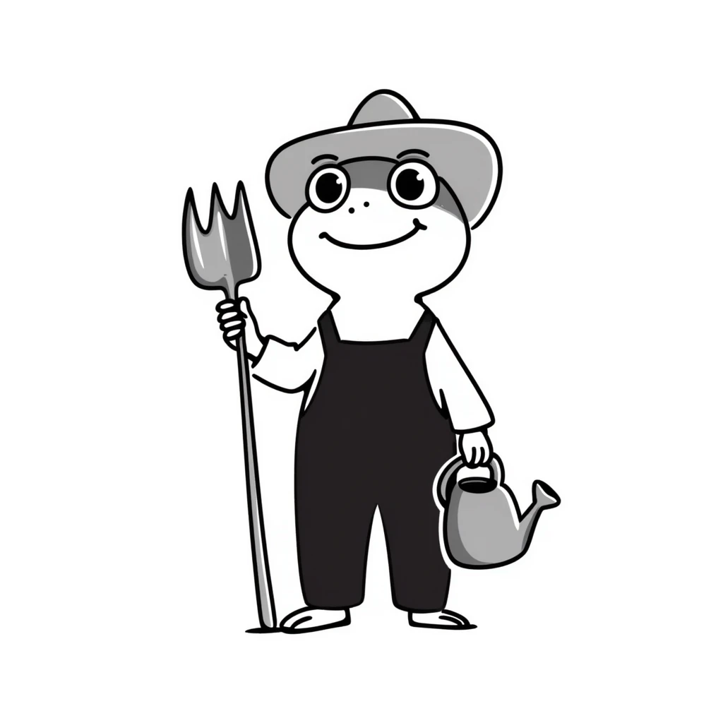 frog in cowboy hat and overalls, holding gardening tools emoji