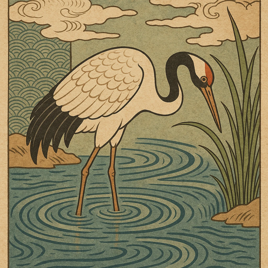 ukiyo-e style illustration of a crane bird standing in water emoji