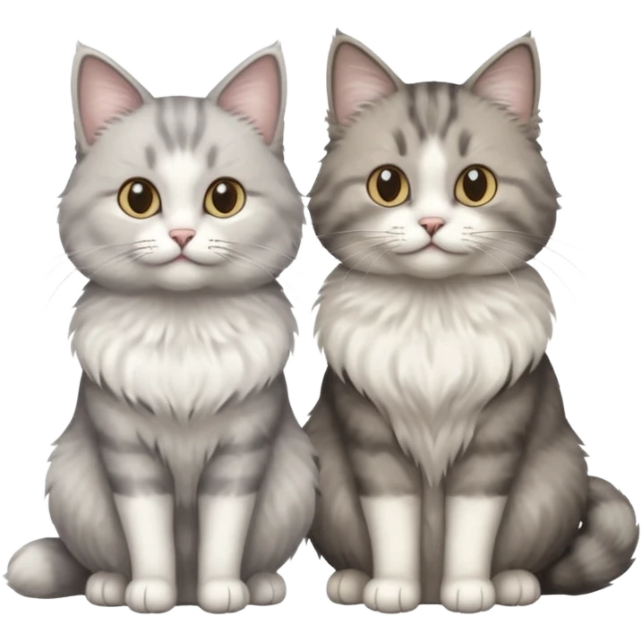 a realistic looking very fluffy grey and white cat sitting next to another cat emoji