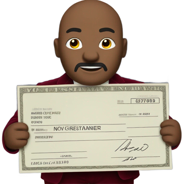 fat guy in dark red velvet suit holding cheque emoji