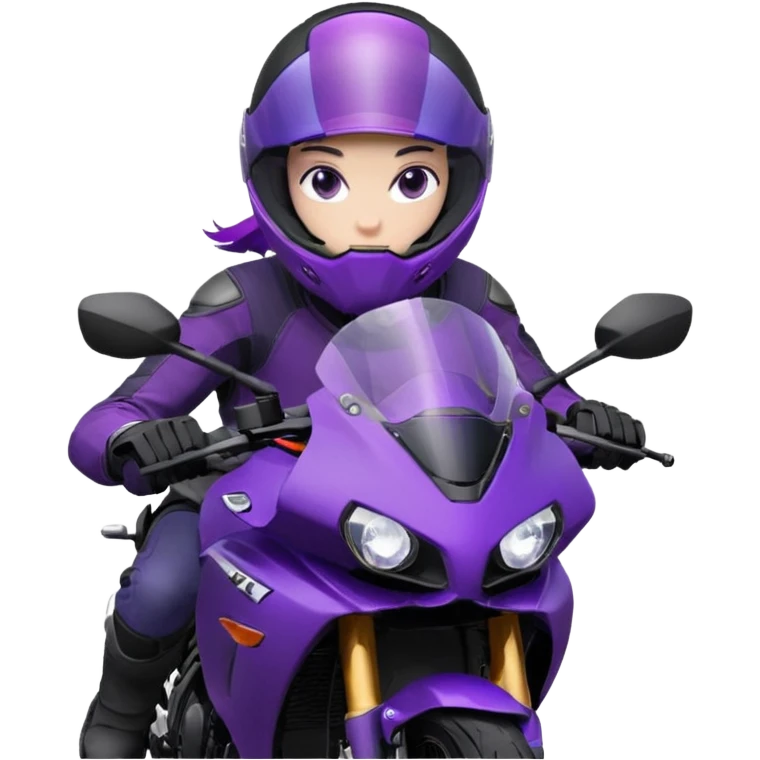 Créer un emoji avec une moto mt07 sport noir mate / violet iridescent très foncé, pare-brise de la moto violet. Avec une pilote dessus, visage masqué par la visière violette . Avec en arrière plan cercle violet. emoji
