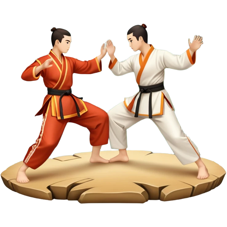Two martial artists in traditional Wushu attire, performing elegant, fluid moves. The background shows a peaceful, scenic landscape with mountains and bamboo trees, symbolizing the balance of power and grace in Wushu.  emoji