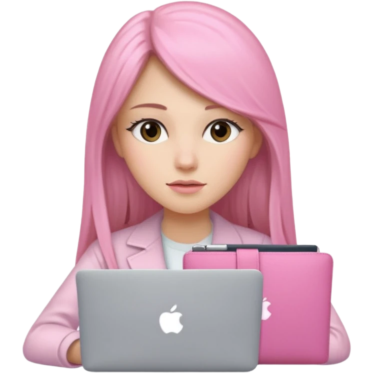 Mujer lacia peli larga y peli larga  en una MacBook rosa investigando y haciendo tareas con un libro de apuntes y con cara muy linda como modelo emoji