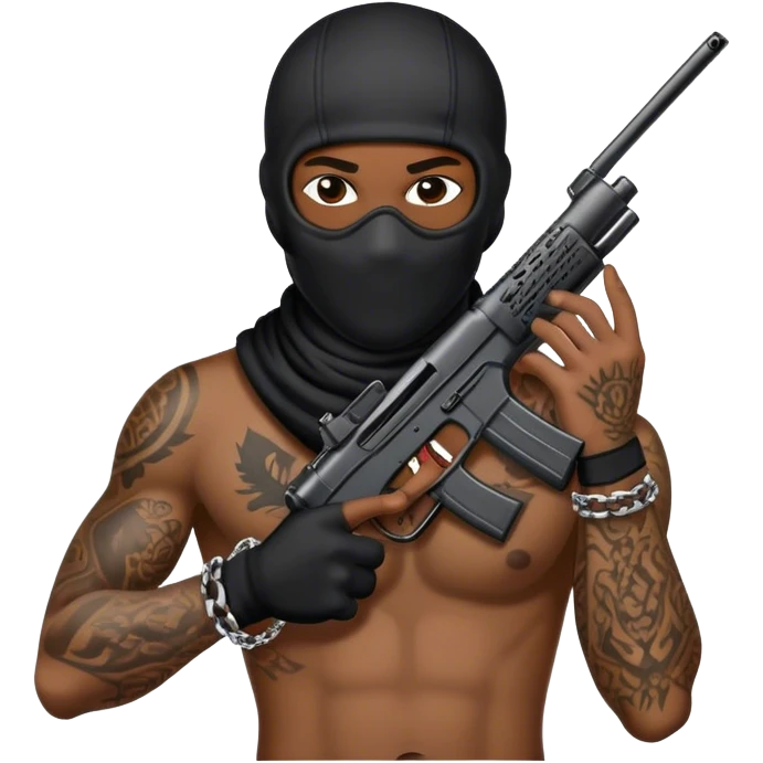 Black guy with chain ski mask tattoos holding a gun emoji