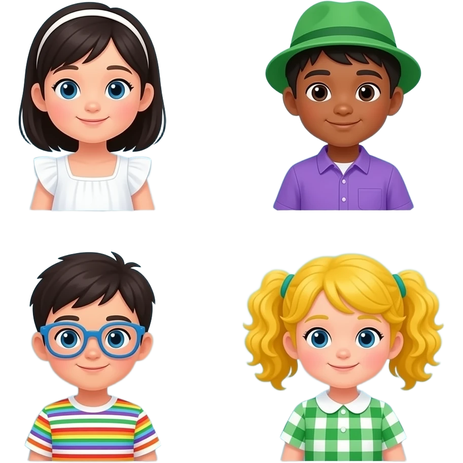 Central hosptial stories five kids One Girl With Light Skin With Asian Hair And white dress One Boy With Dark Skin And Normal Hair With Purple Shirt And Green Hat One little boy with autism glasses and Rainbow lines shirt One Big girl with yellow curly ponytails and Green Squares collar dress emoji