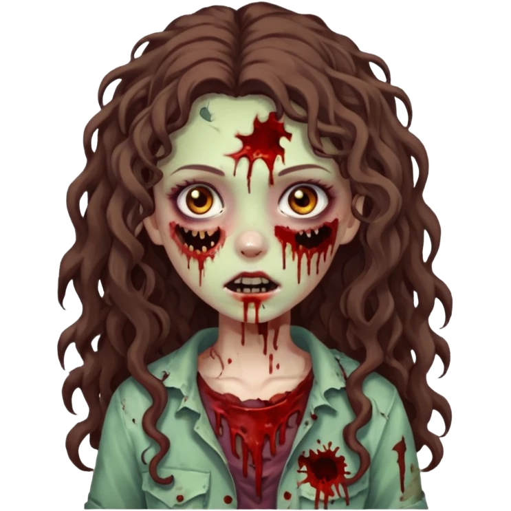 Foto de uma menina com cabelo cacheado longo castanhos, olhos castanhos no estilo zumbi emoji