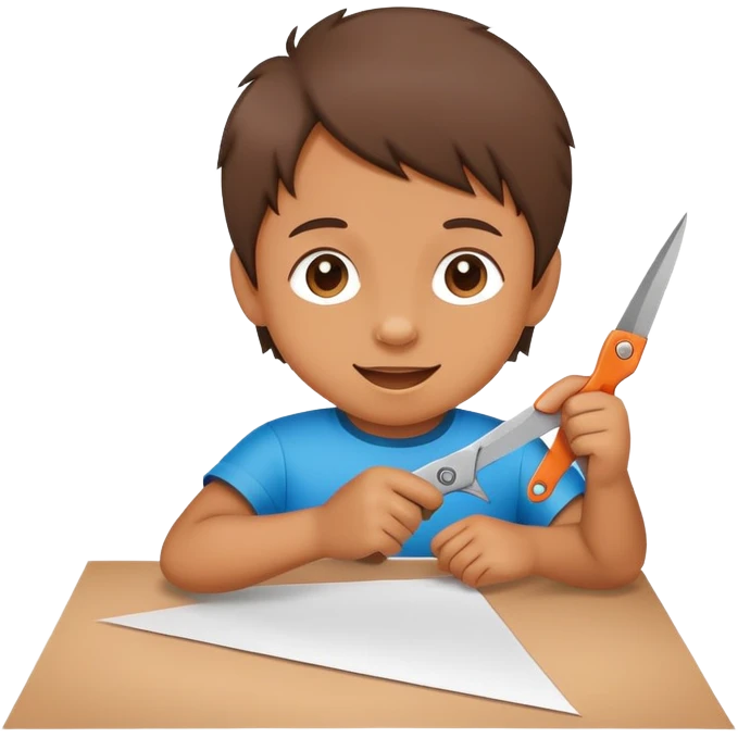 child cutting paper with safety scissors, cheerful and creative emoji
